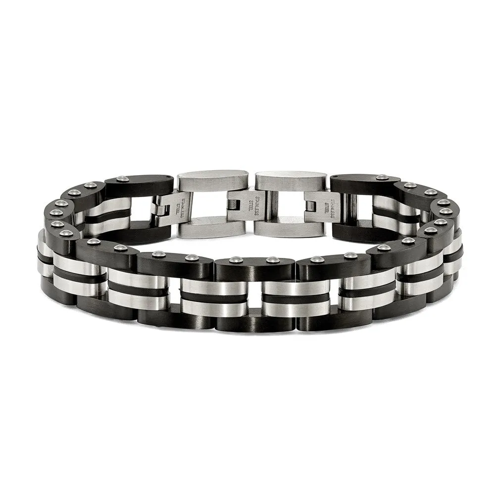 12.5mm Stainless Steel, Black Rubber & Black Plated Bracelet, 8.25 In