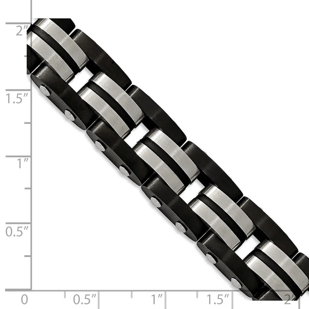 12.5mm Stainless Steel, Black Rubber & Black Plated Bracelet, 8.25 In