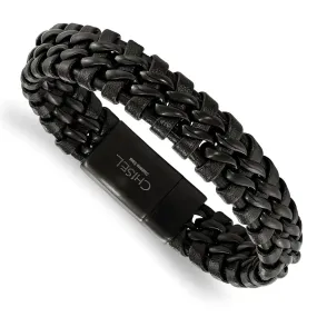 14mm Stainless Steel & Black Leather Brushed Link Bracelet, 8.5 Inch