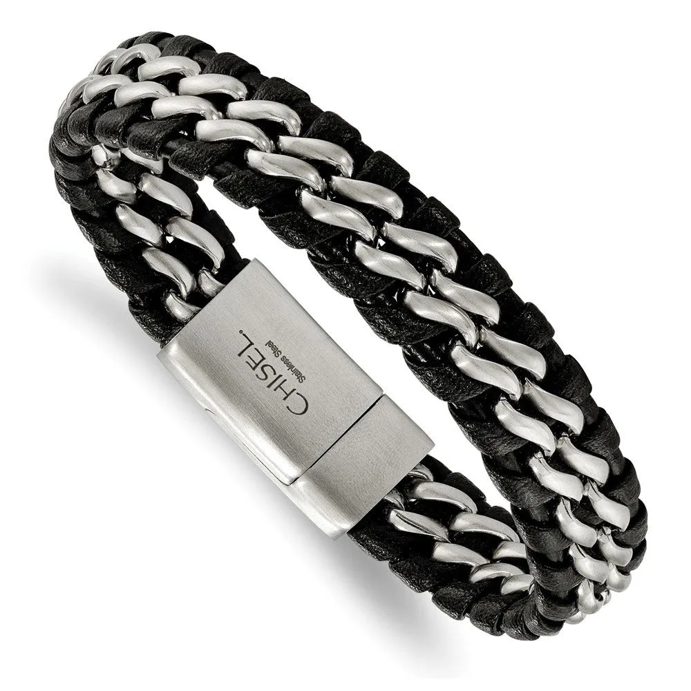 14mm Stainless Steel & Black Leather Brushed Link Bracelet, 8.5 Inch