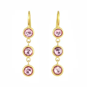 22K Gold Bezel-Set Rose Cut Pink Sapphire Triple Drop Earrings