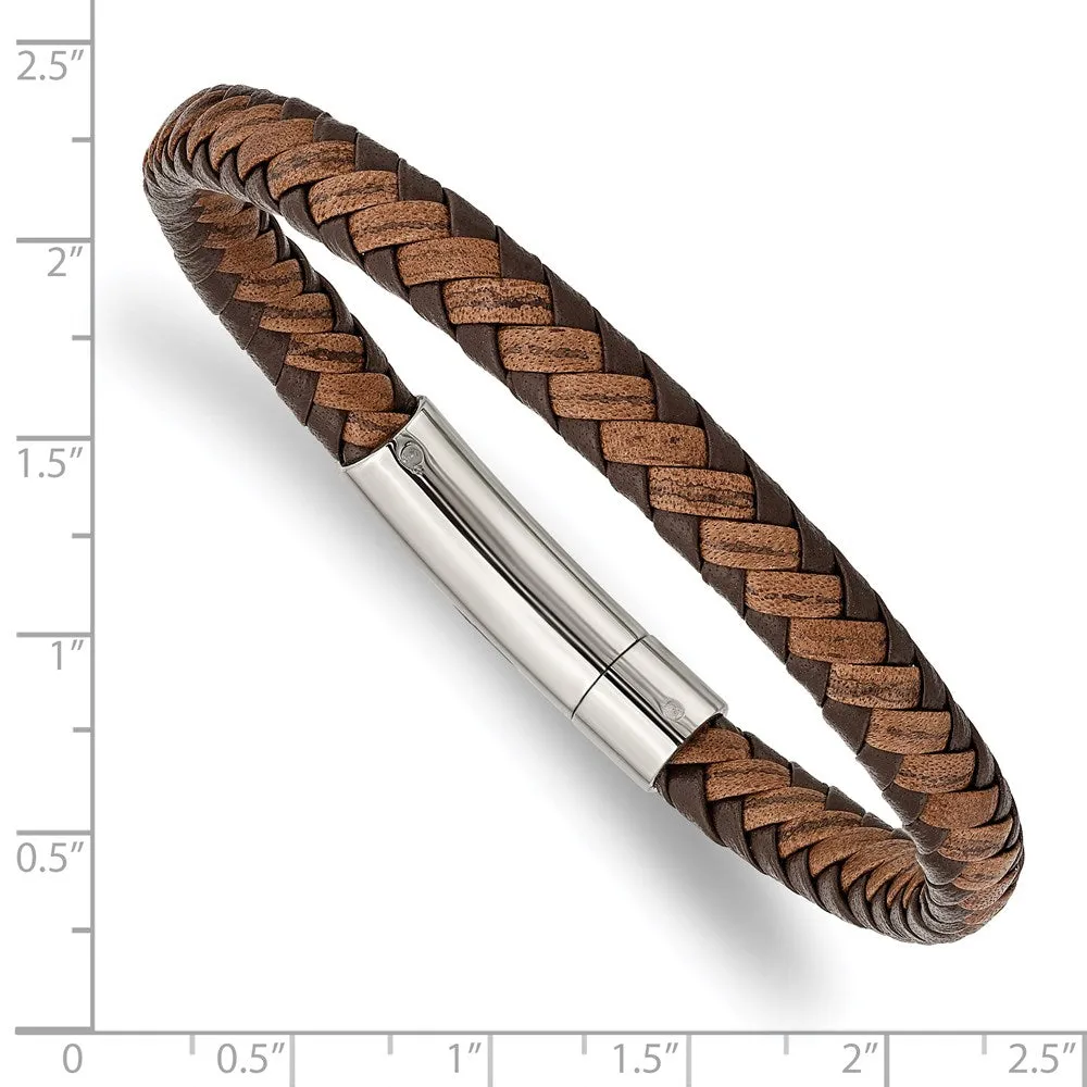 7mm Stainless Steel & Two Tone Braided Leather Bracelet, 8.25 Inch