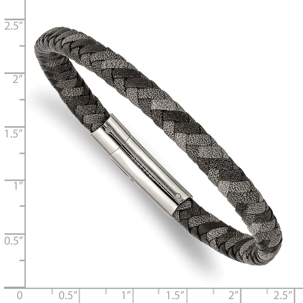 7mm Stainless Steel & Two Tone Braided Leather Bracelet, 8.25 Inch