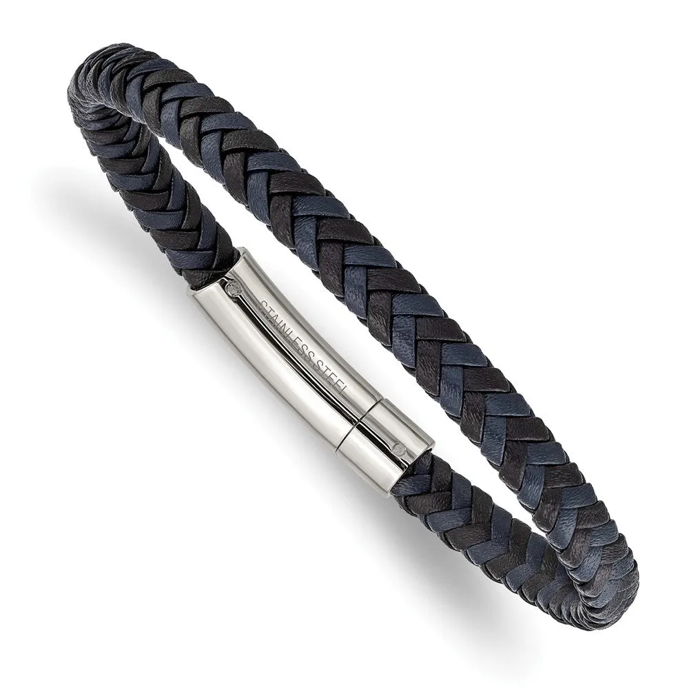 7mm Stainless Steel & Two Tone Braided Leather Bracelet, 8.25 Inch