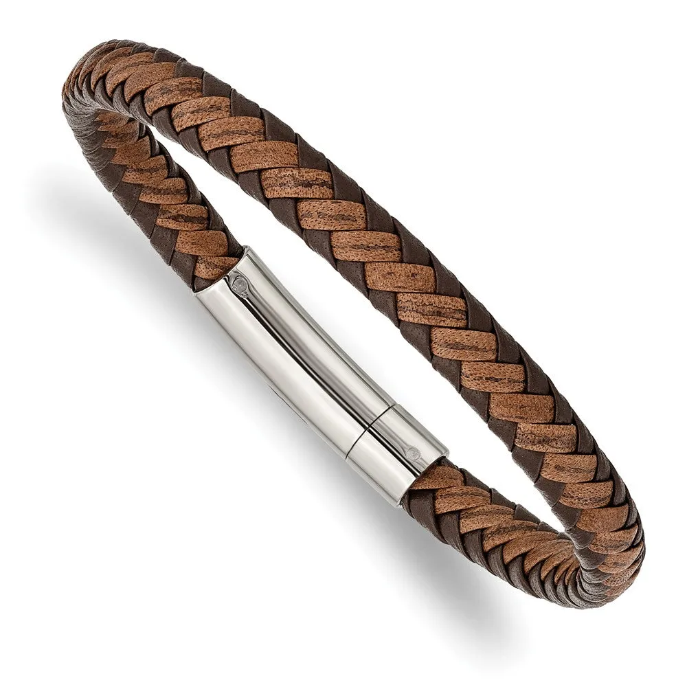 7mm Stainless Steel & Two Tone Braided Leather Bracelet, 8.25 Inch