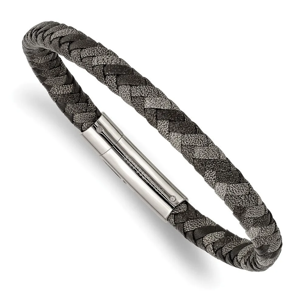 7mm Stainless Steel & Two Tone Braided Leather Bracelet, 8.25 Inch