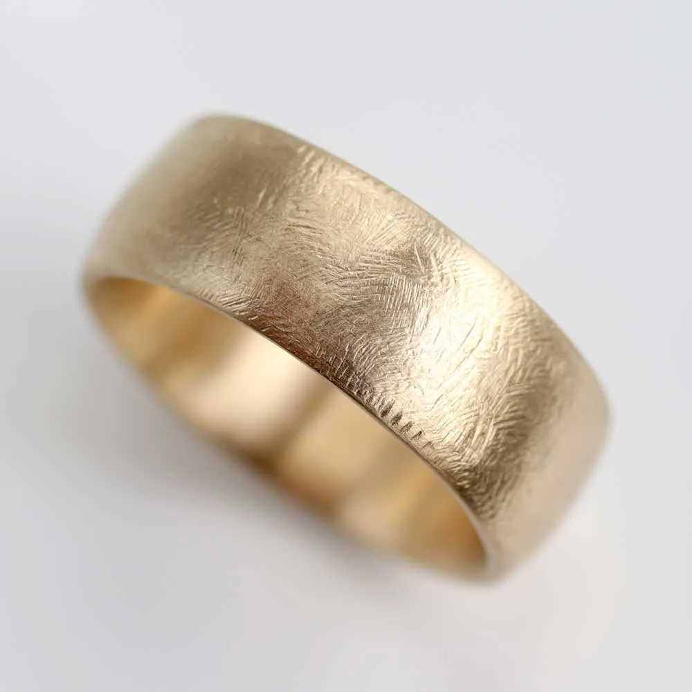 8mm Wide 10k Yellow Gold Rustic Texture Hand-carved Classic Band