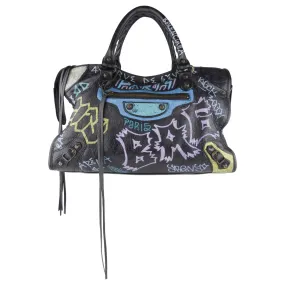 Balenciaga Black Graffiti Print Leather Moto Classic Two Way City Bag