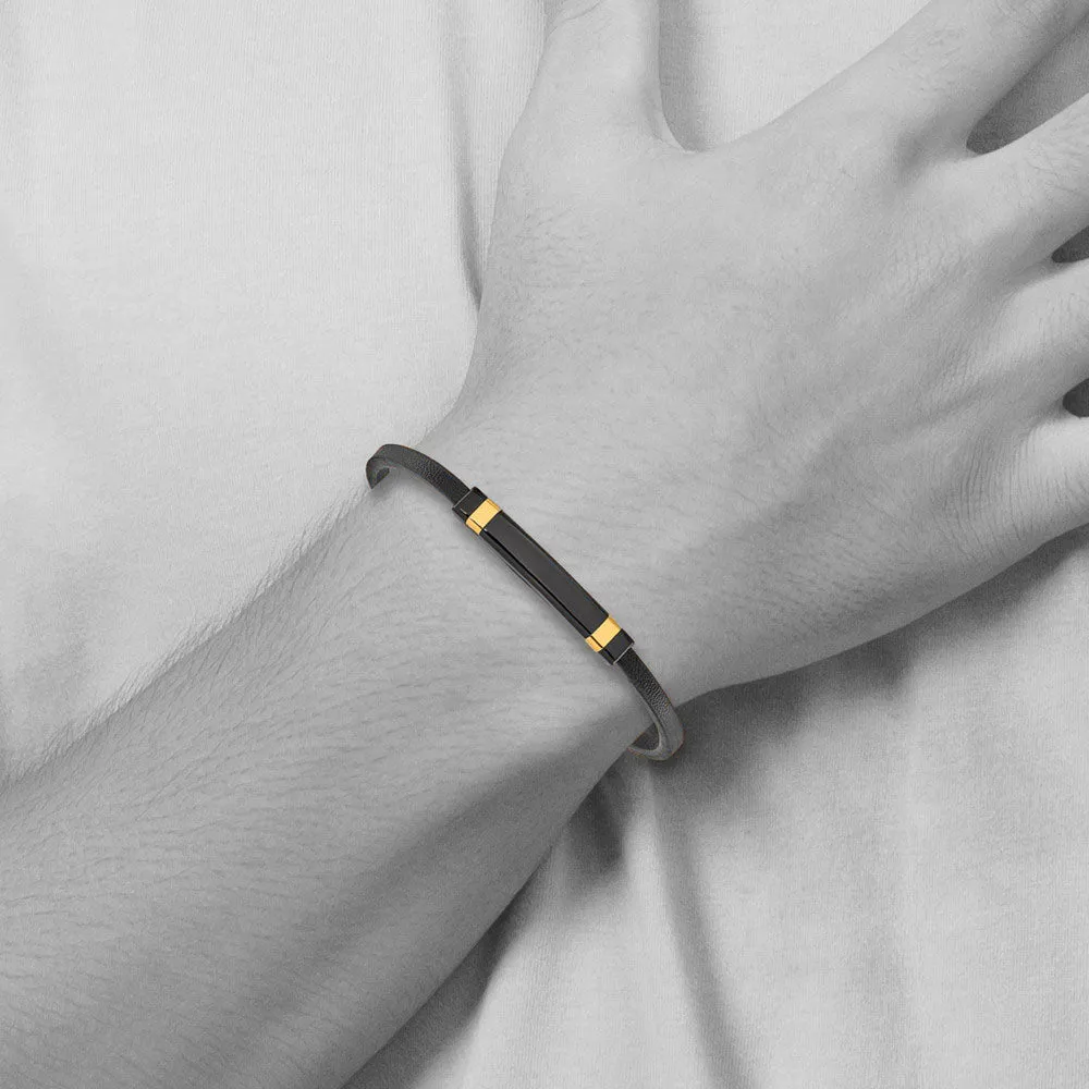 Black & Gold Tone Plated Stainless Steel Leather I.D. Bracelet, 8.5 In