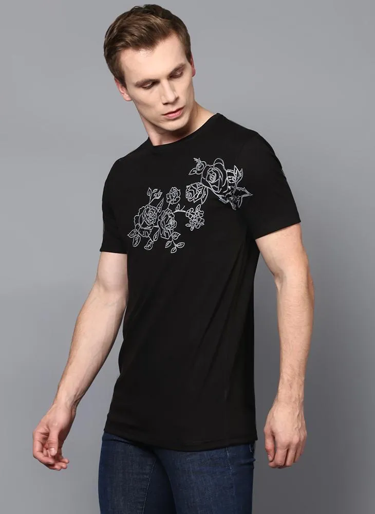 Black Crew Neck T-Shirt with Front Floral Print