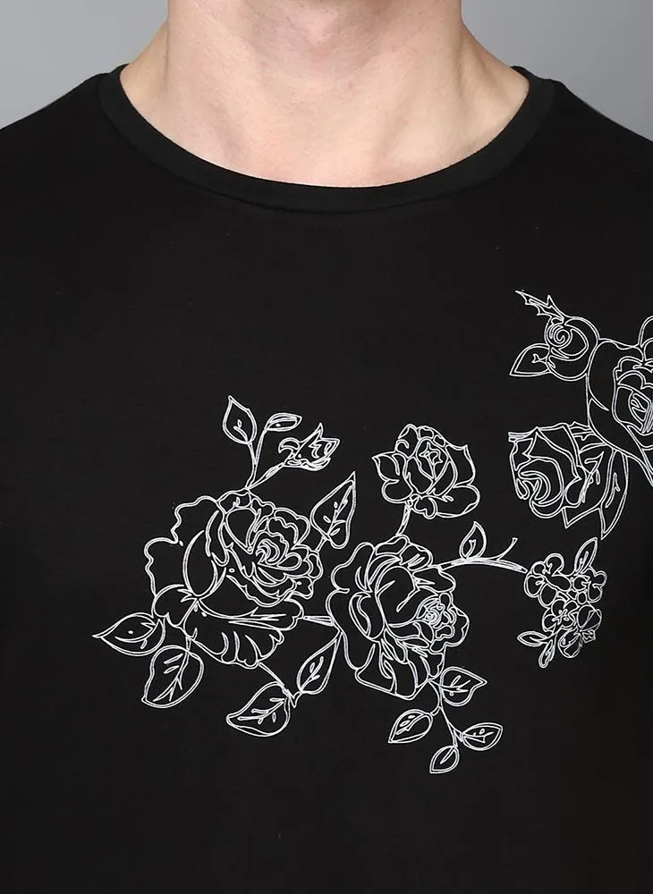 Black Crew Neck T-Shirt with Front Floral Print