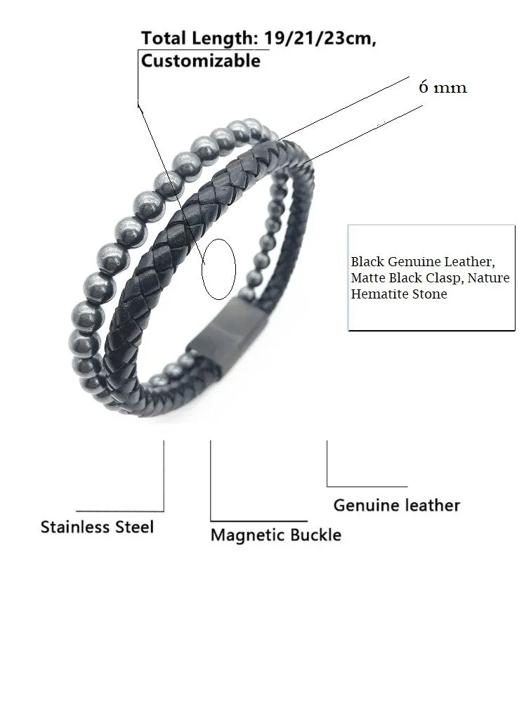 Black Genuine Leather, Matte Black Clasp, Nature Hematite Stone