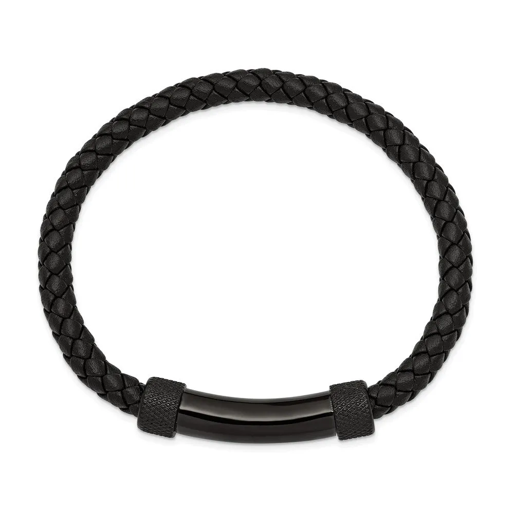 Black Plated Stainless Steel & Black Leather Bar Bracelet, 8.25 Inch