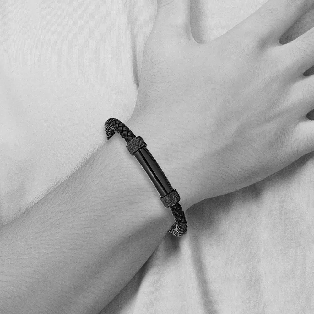 Black Plated Stainless Steel & Black Leather Bar Bracelet, 8.25 Inch