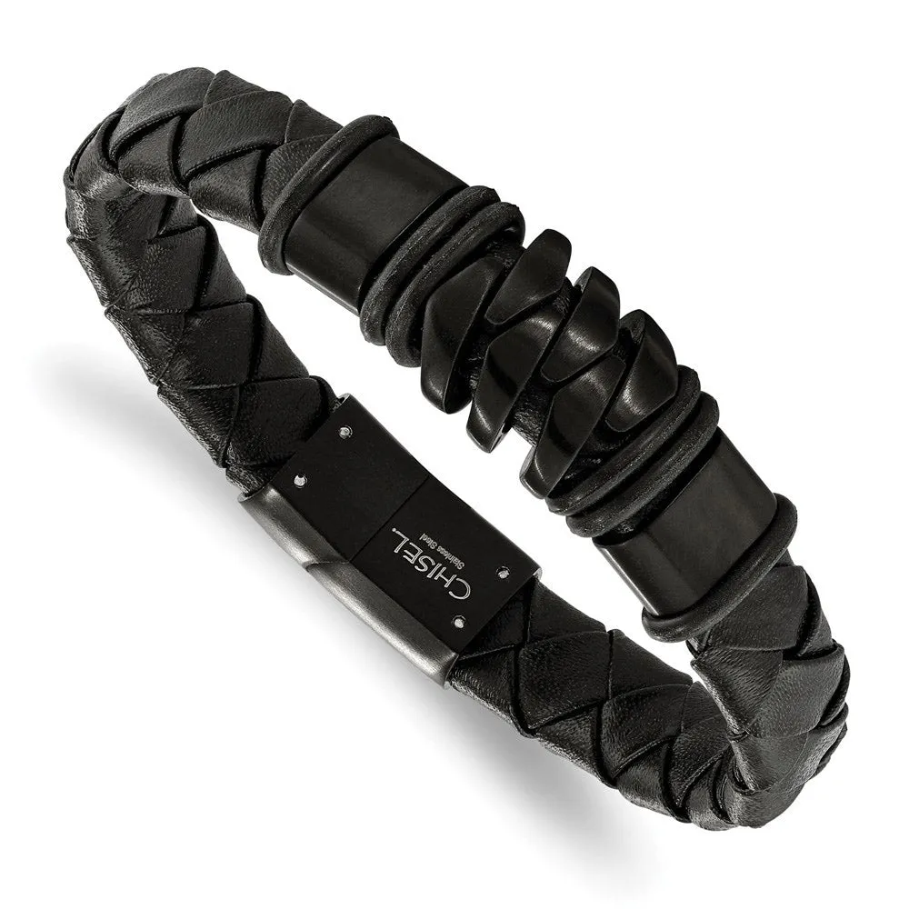 Black Plated Stainless Steel & Black Leather Woven Bracelet, 8.25 Inch