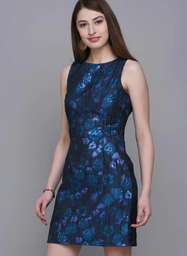 Blue Brocade Dress with Floral Motif