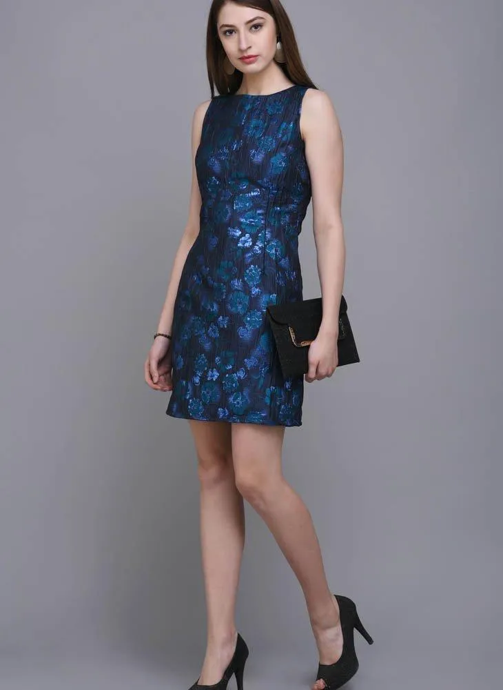 Blue Brocade Dress with Floral Motif