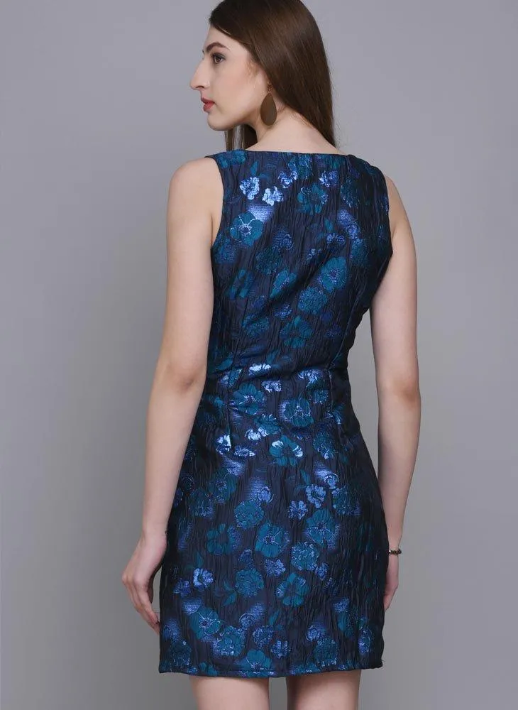 Blue Brocade Dress with Floral Motif