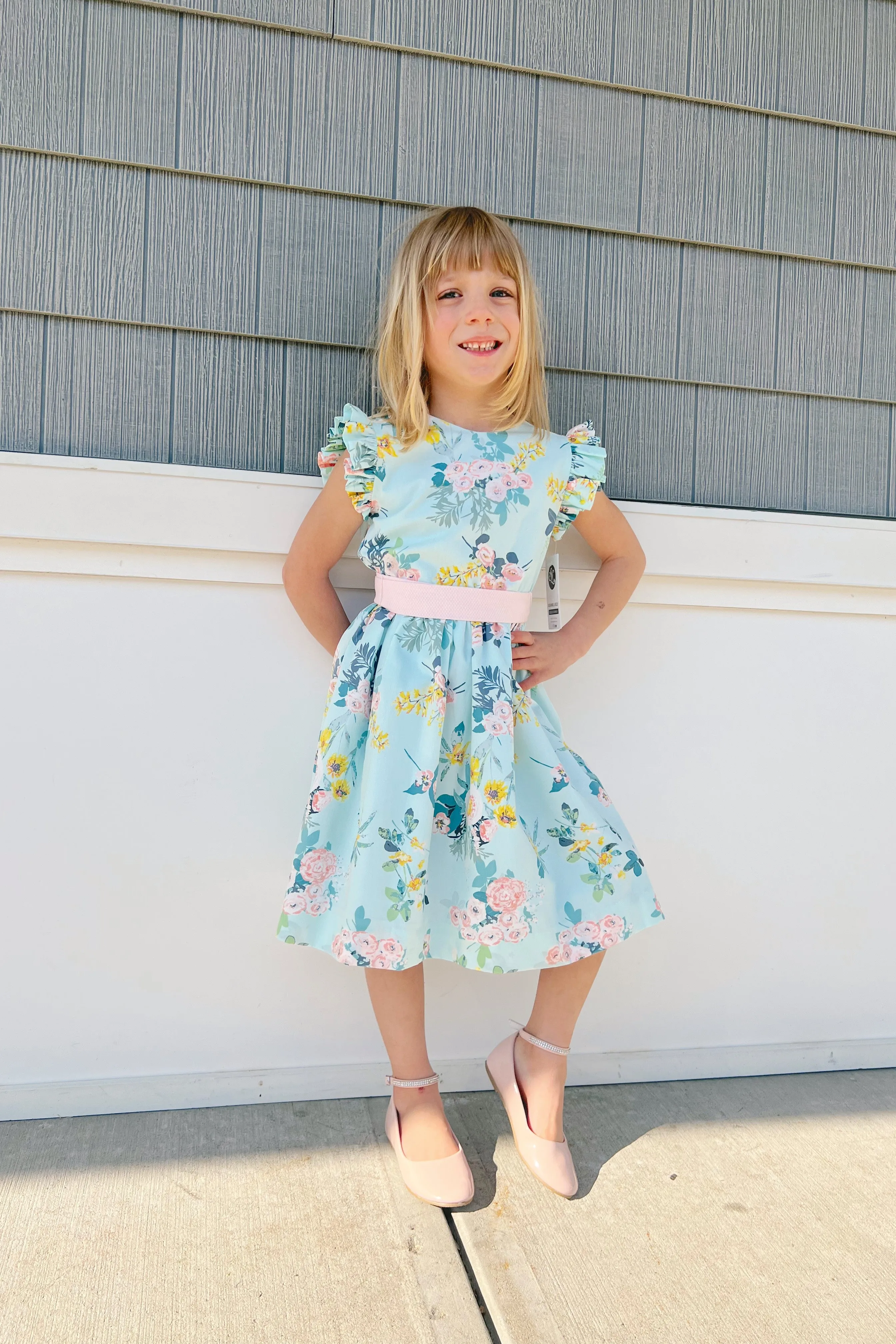 Blue Floral Flutter Sleeve Dress