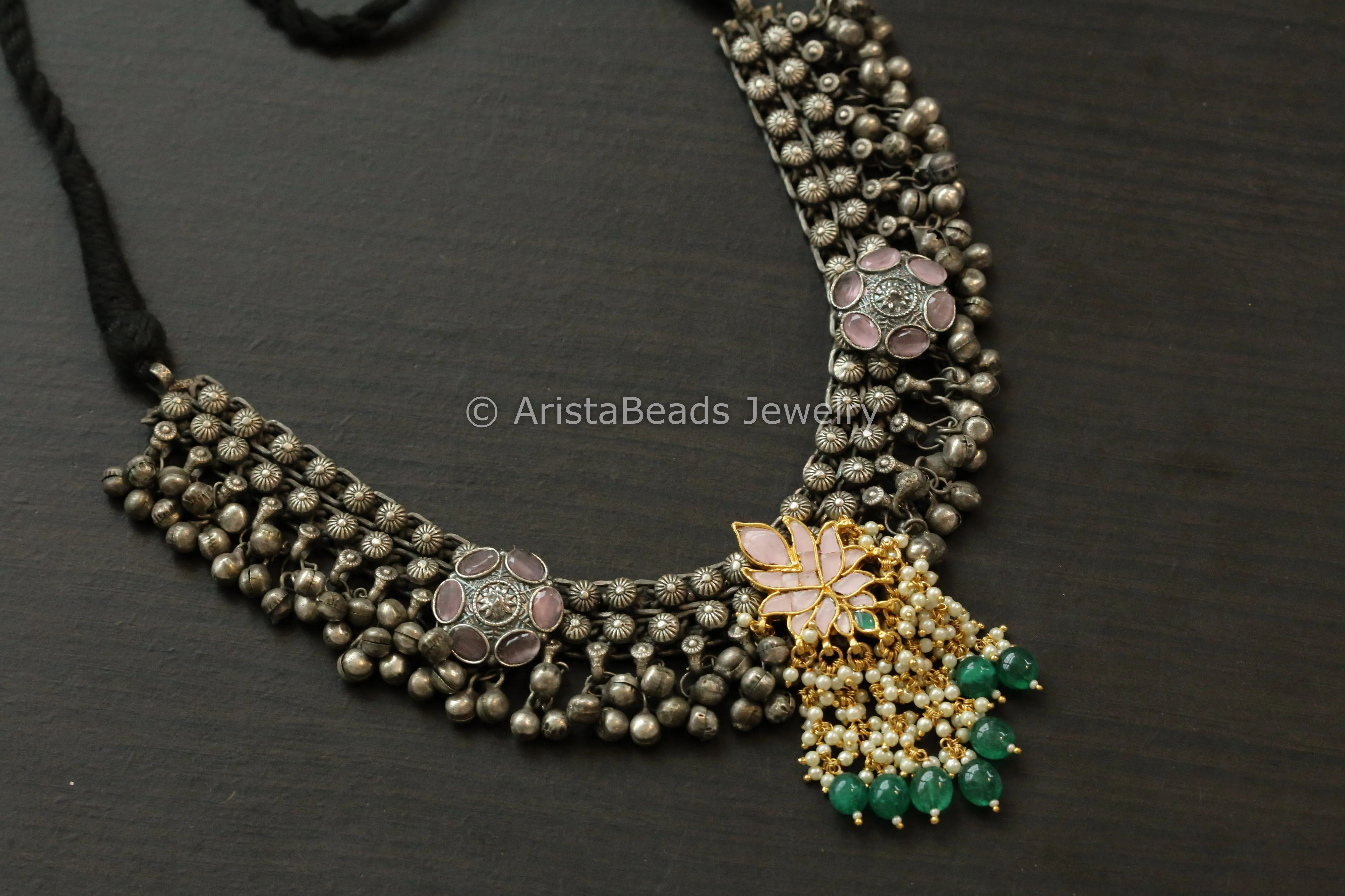 Blush Pink Pachi Kundan Oxidized Necklace - Green Drops