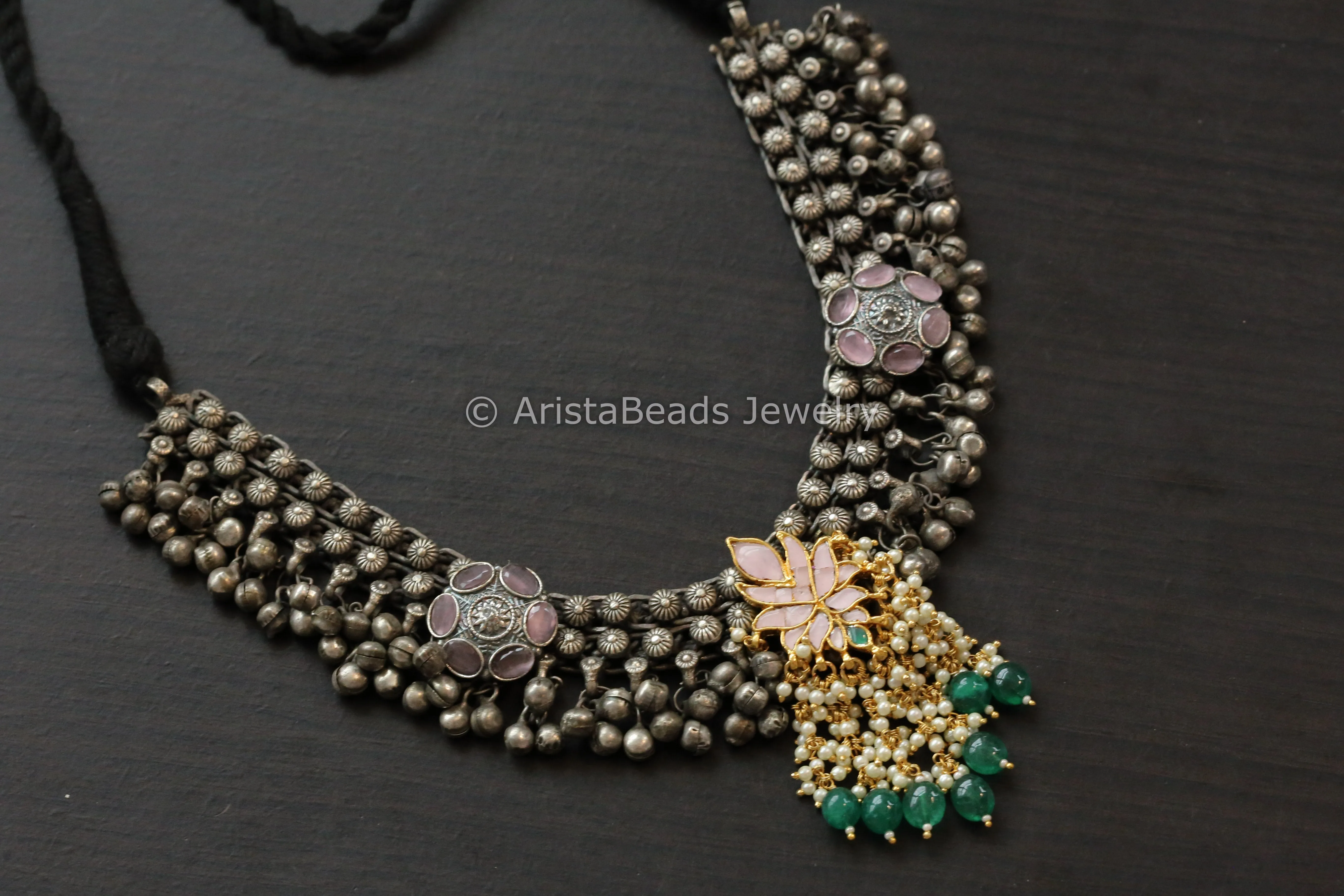 Blush Pink Pachi Kundan Oxidized Necklace - Green Drops