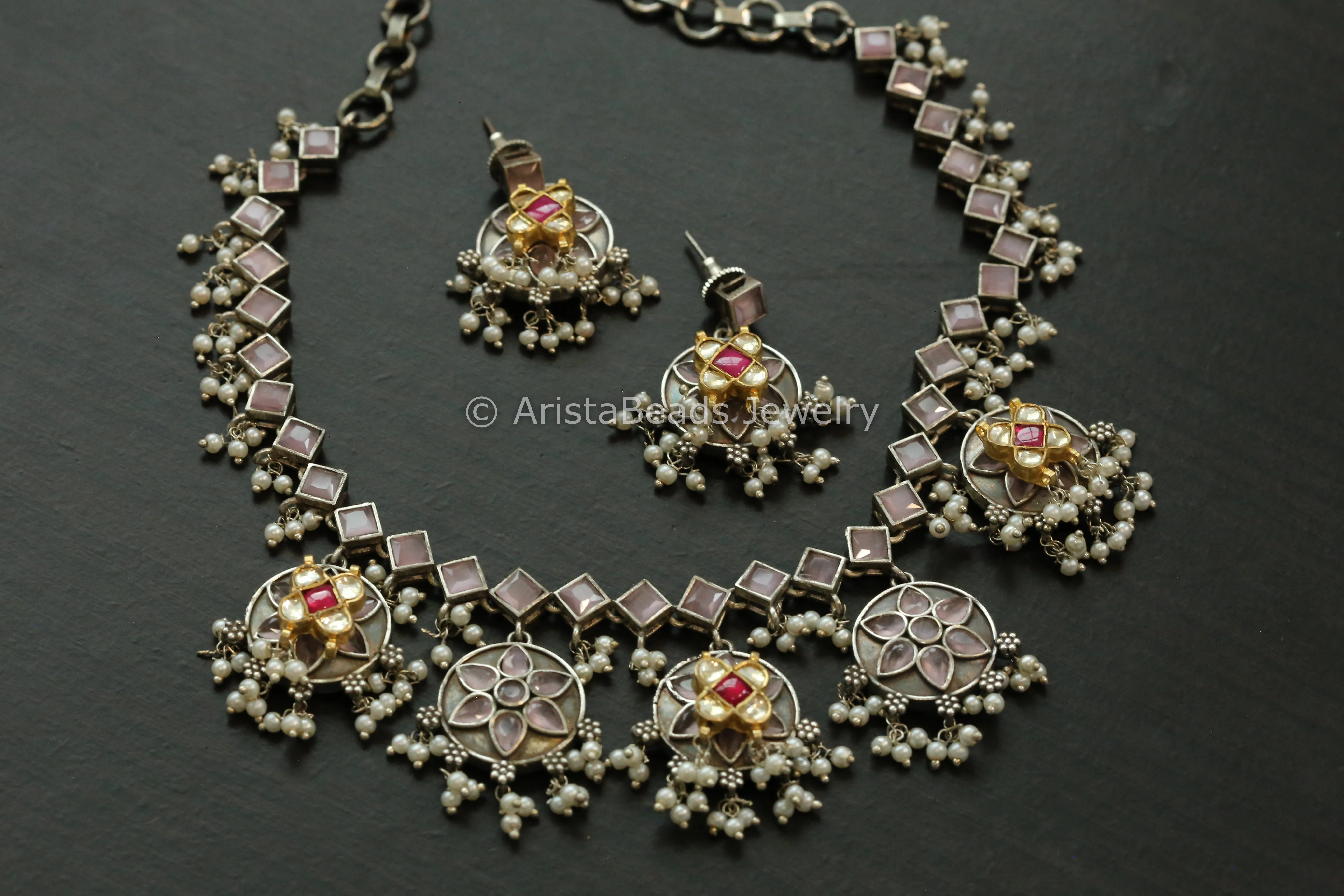 Blush Pink Stone Pachi Kundan Oxidized Necklace Set