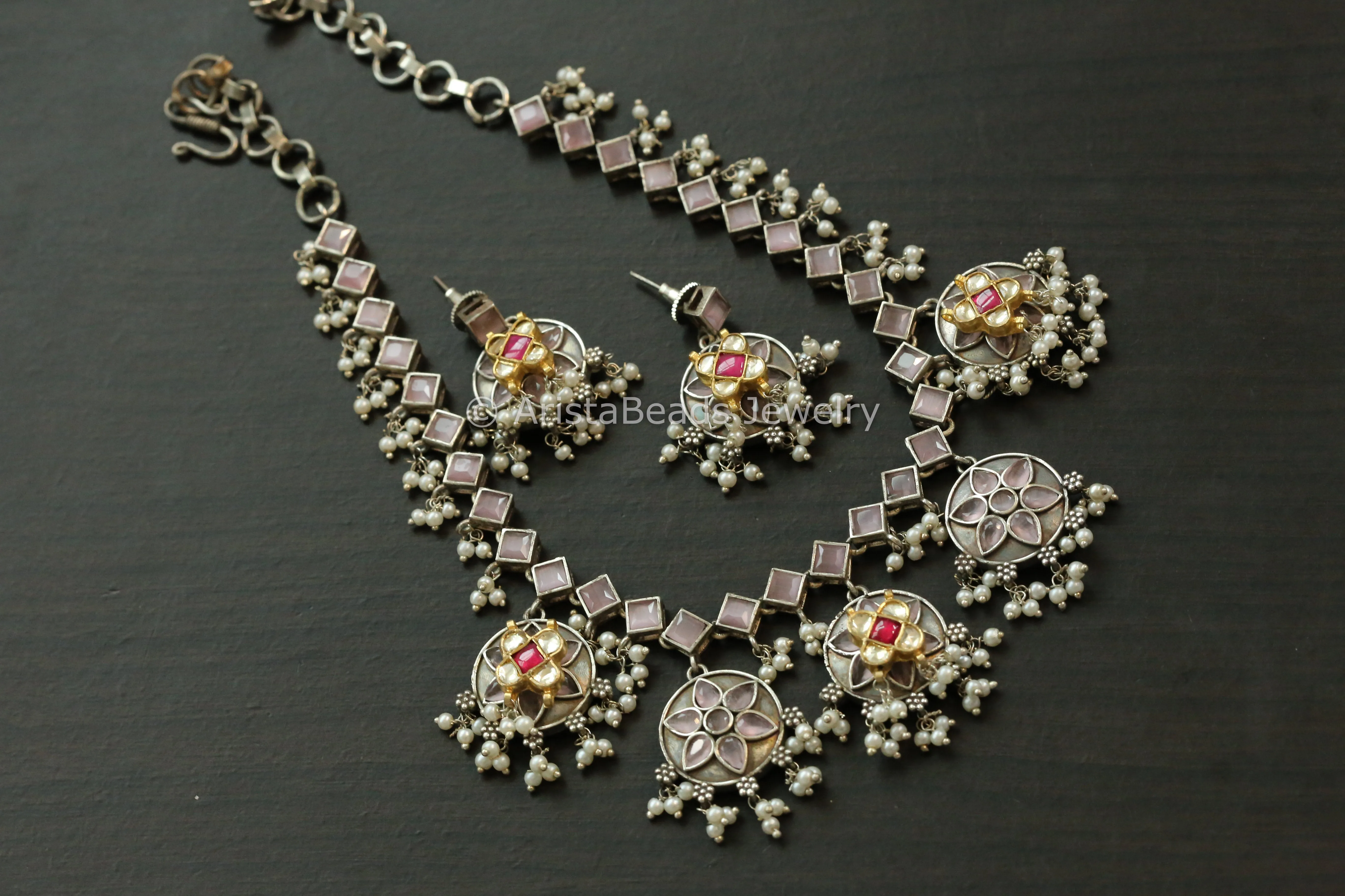 Blush Pink Stone Pachi Kundan Oxidized Necklace Set