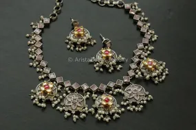 Blush Pink Stone Pachi Kundan Oxidized Necklace Set