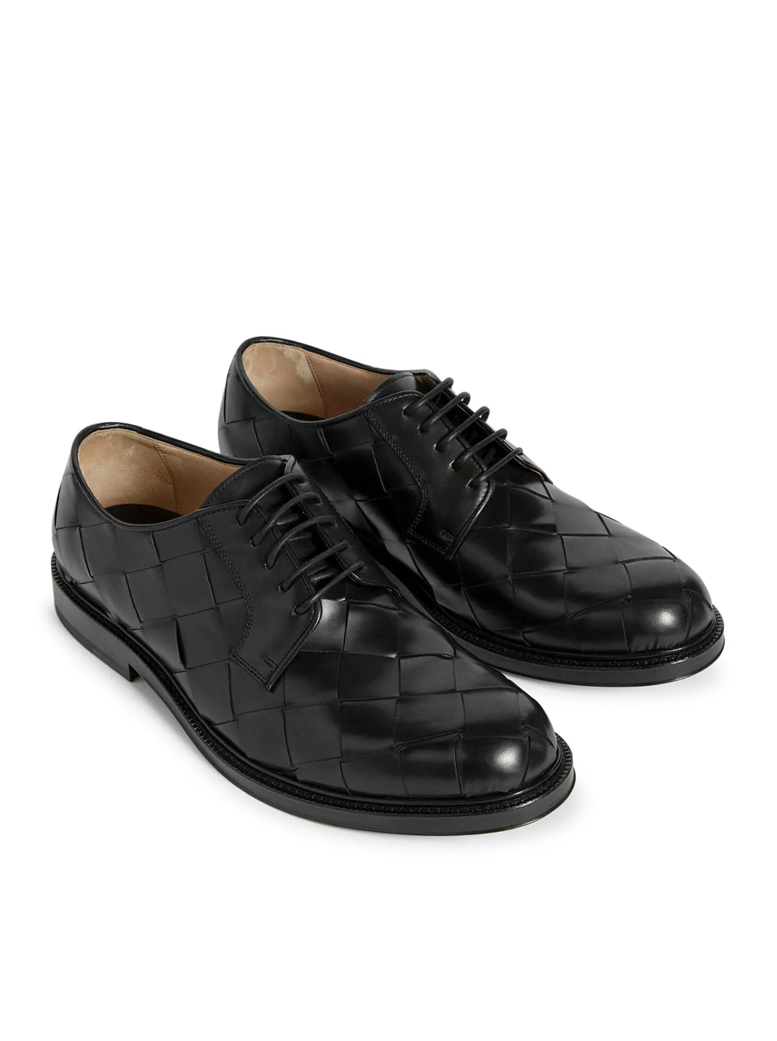 Bottega veneta men`s black woven leather lace-up shoes in classic calfskin