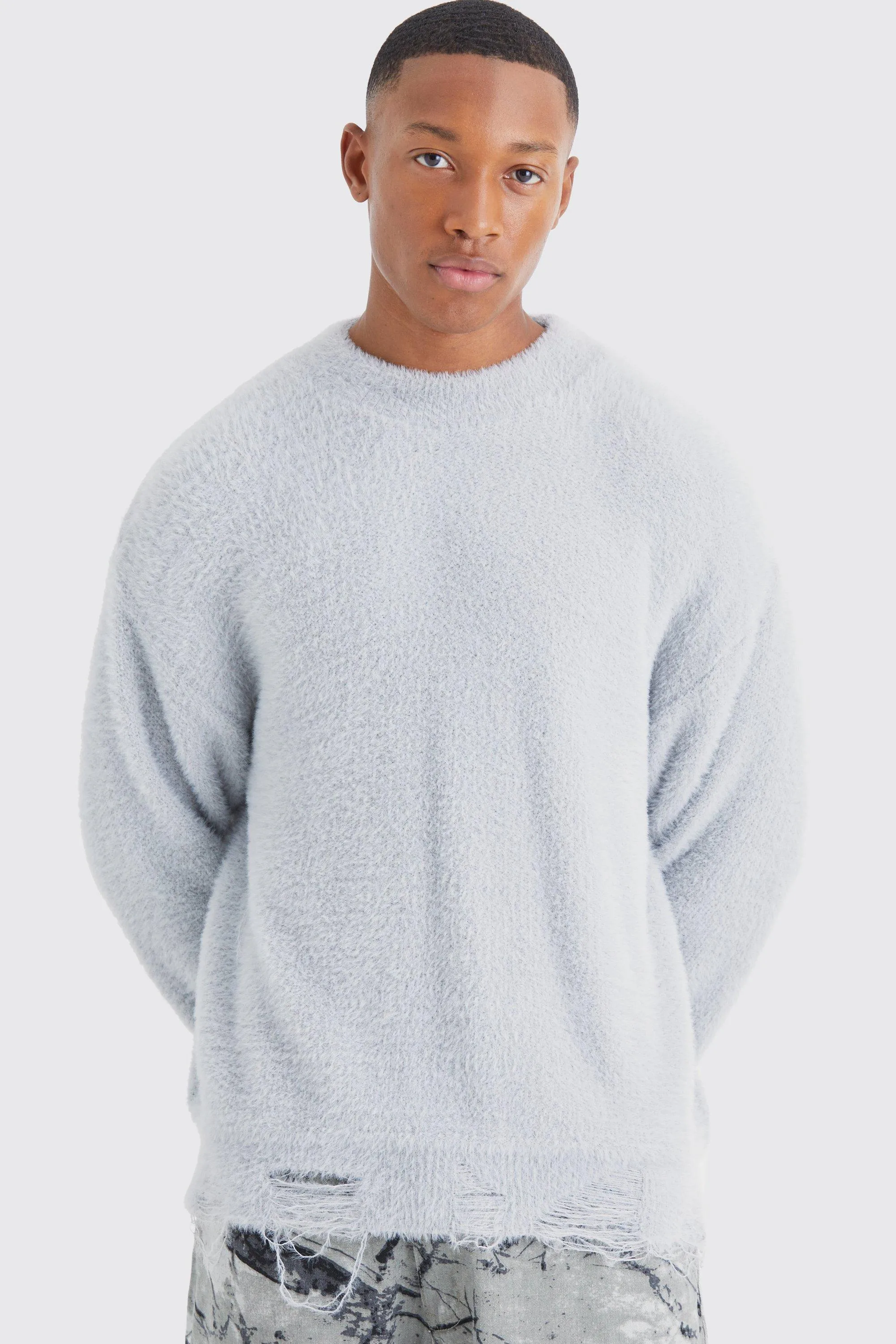 Boxy Distressed Fluffy Knitted Sweater