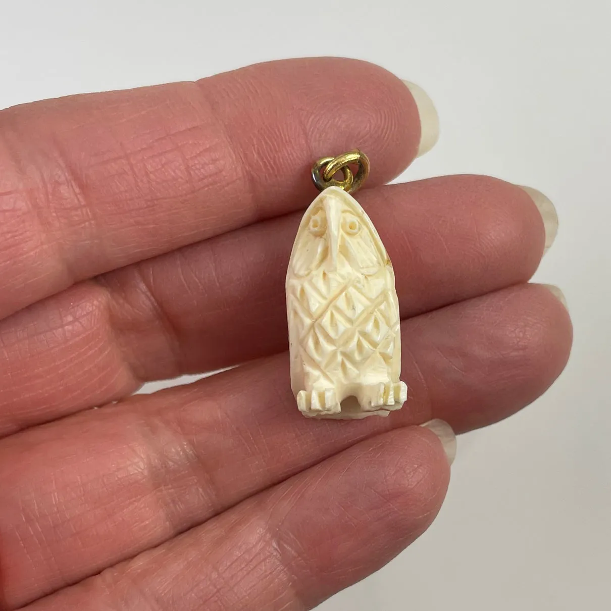 Carved  Ivory Owl Charm Pendant Vintage