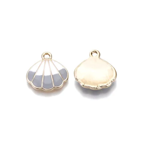 Charms, Shell, Single-Sided, Light Grey, White, Enamel, Light Gold Plated, Alloy, 18mm