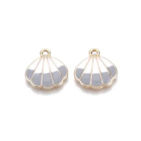 Charms, Shell, Single-Sided, Light Grey, White, Enamel, Light Gold Plated, Alloy, 18mm