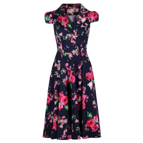 Classic Navy Blue and Floral Print Pin Up 50s Swing Tea Dress