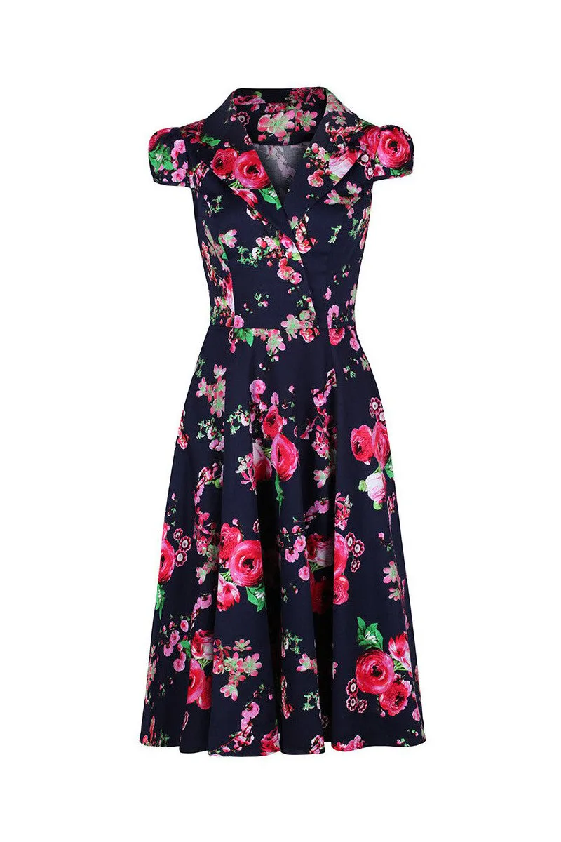 Classic Navy Blue and Floral Print Pin Up 50s Swing Tea Dress