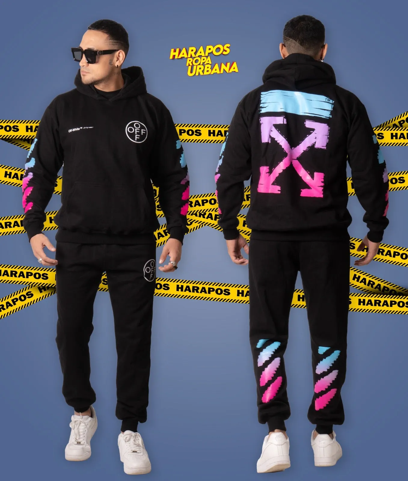 Deportivo off white negro diseo X celeste/fucsia