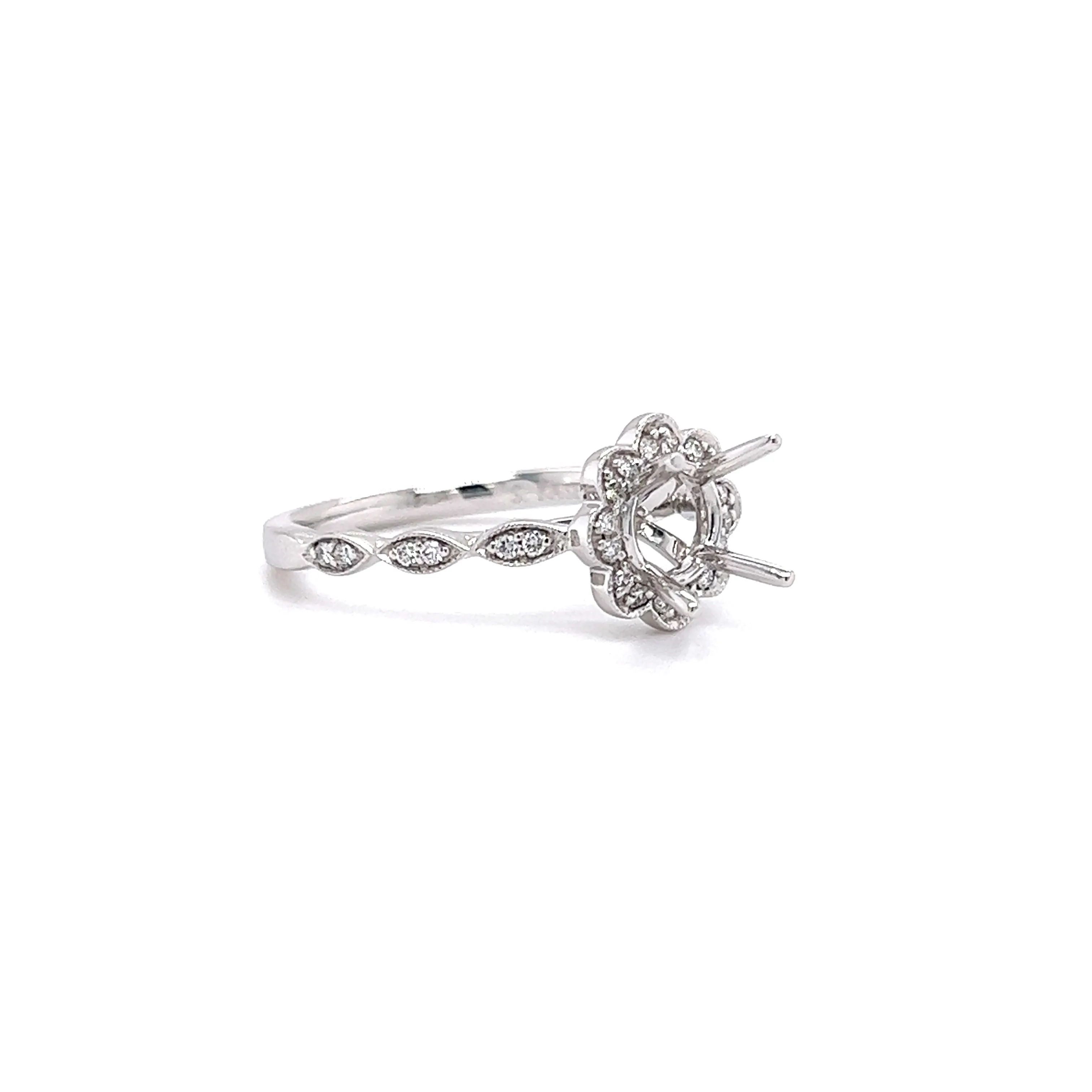 Diamond Ring Setting with Floral Diamond Halo in 14K White Gold