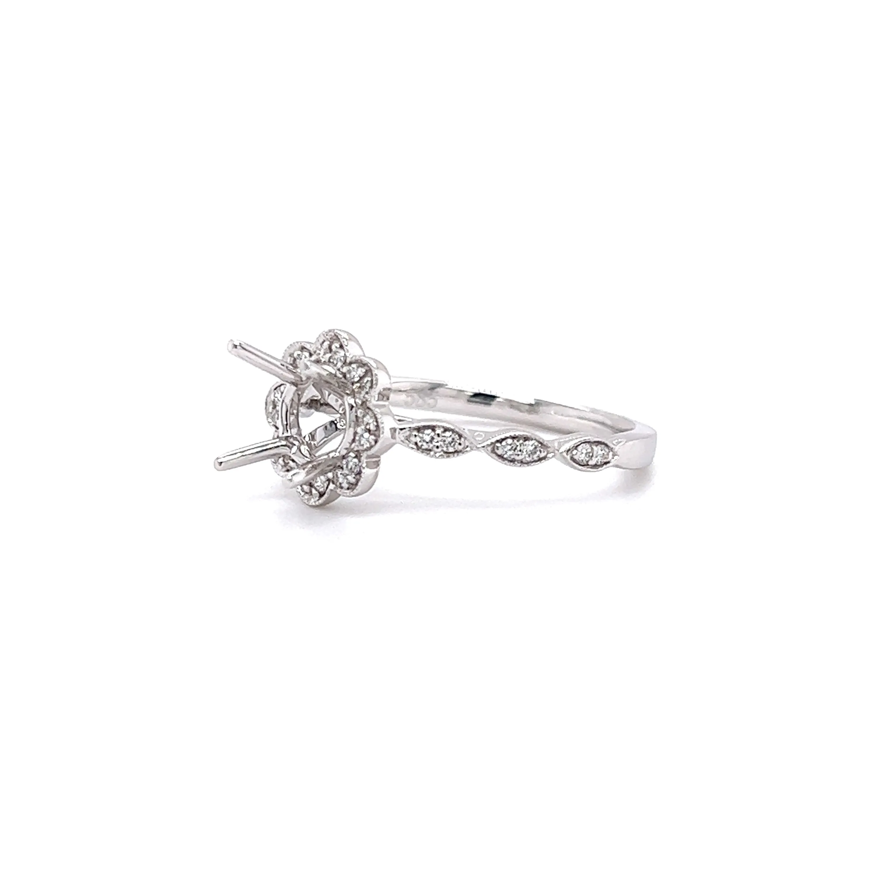 Diamond Ring Setting with Floral Diamond Halo in 14K White Gold