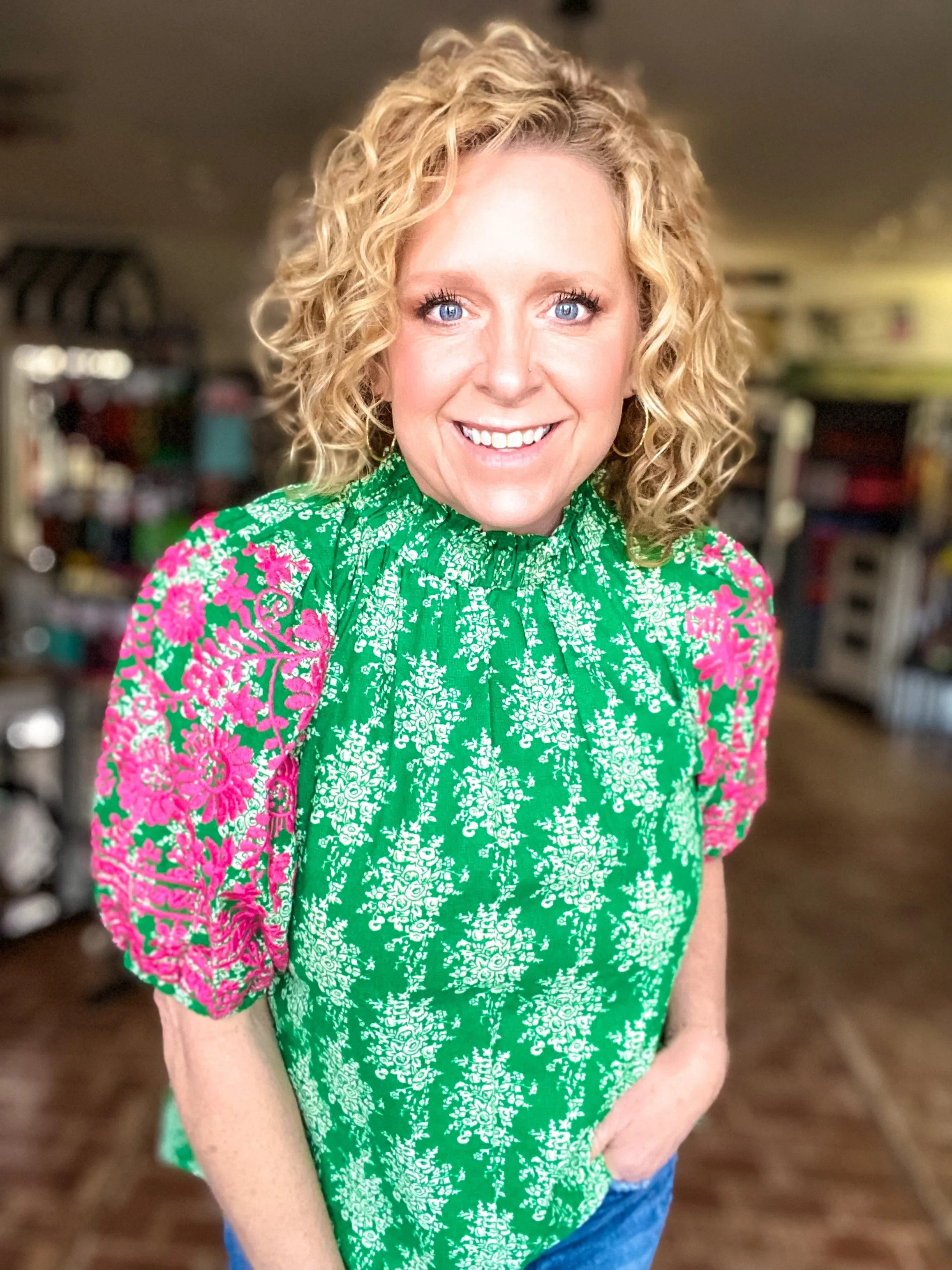 Embroidered Green Floral Puff Sleeve Top