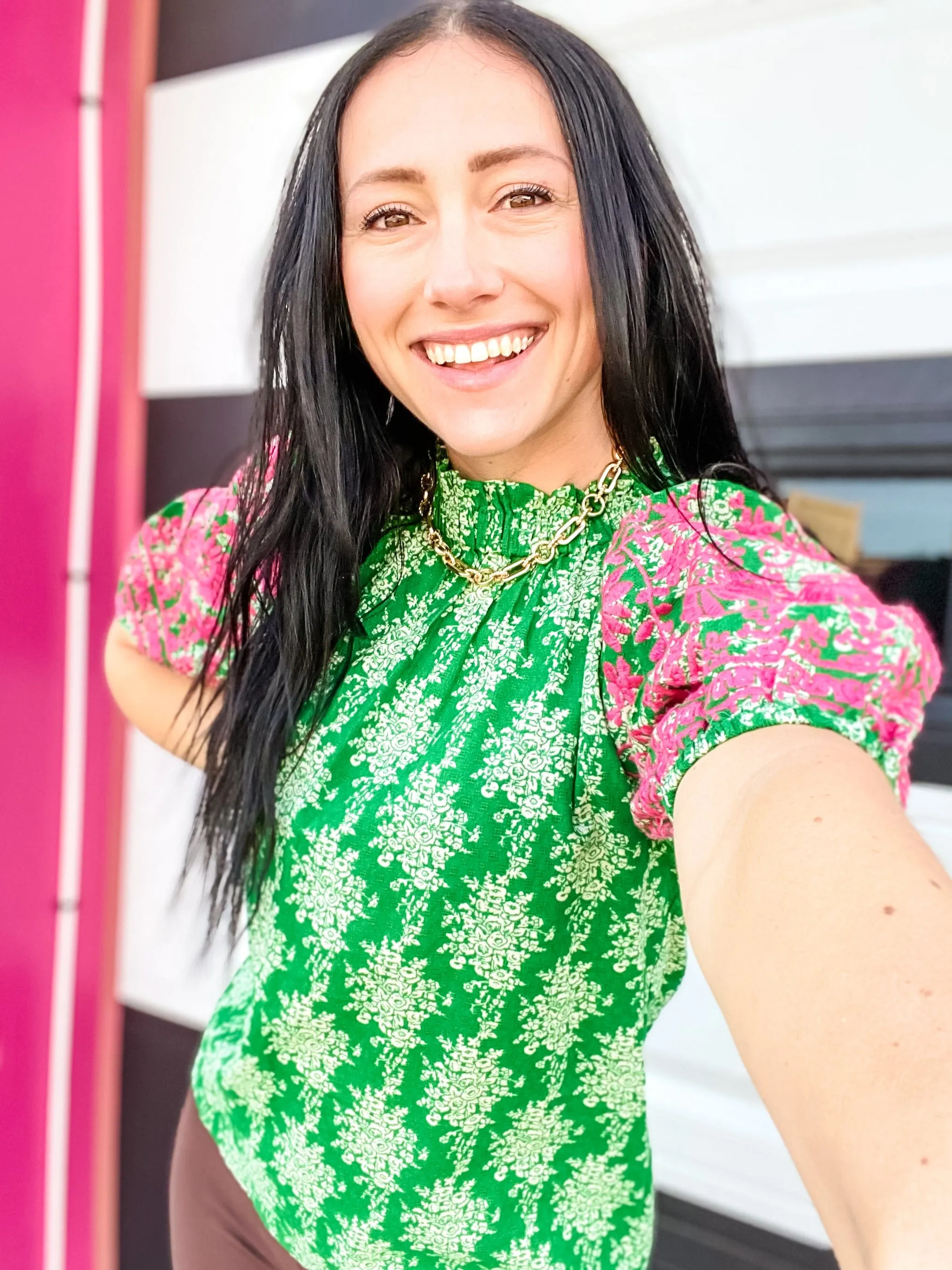 Embroidered Green Floral Puff Sleeve Top