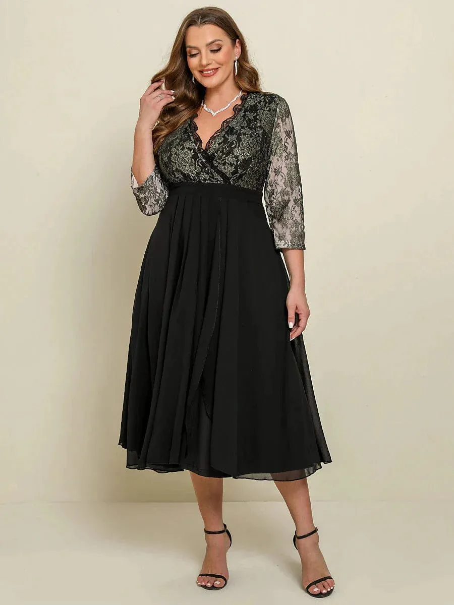 Floral Black Lace Plus Size Maxi Dress with V-Neck and Dolman Sleeves