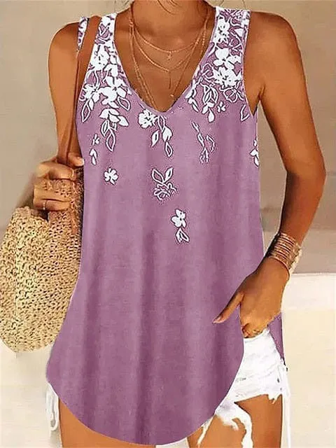 Floral Pink and Blue Sleeveless V-Neck Women's Tank Top