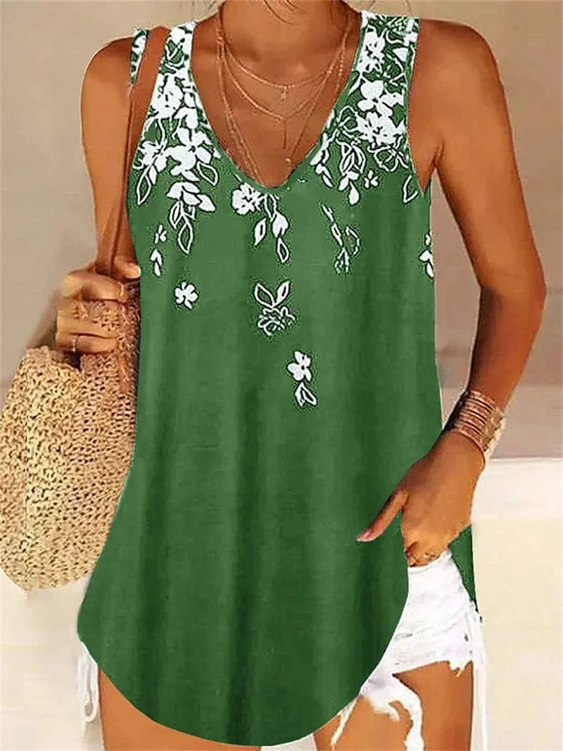 Floral Pink and Blue Sleeveless V-Neck Women's Tank Top