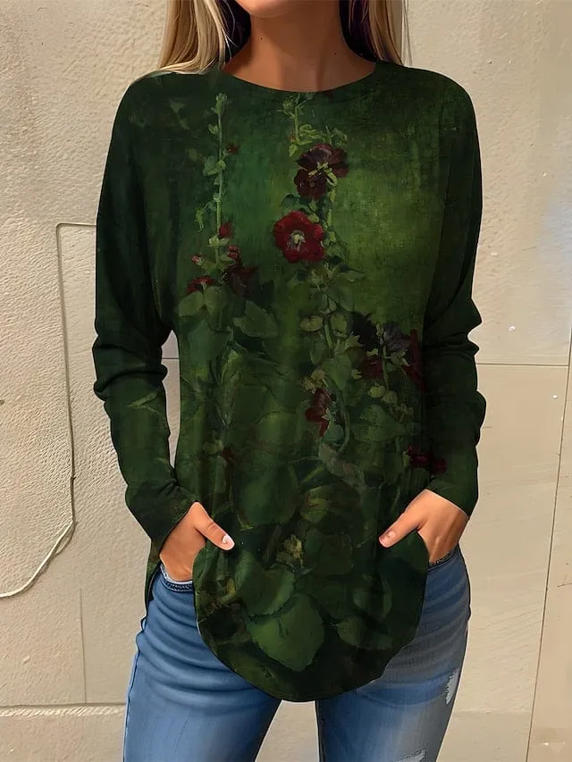 Floral Print Long Sleeve Women's T-Shirt: Blue, Purple, and Green