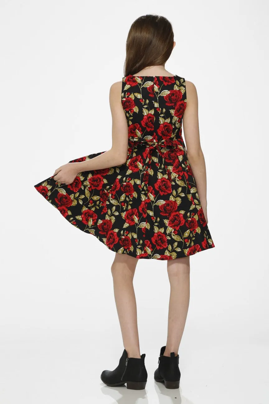 Girl's Black Red Floral Dress