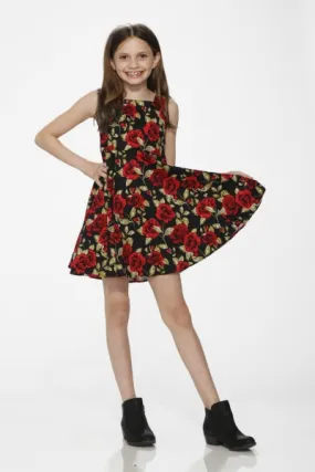 Girl's Black Red Floral Dress