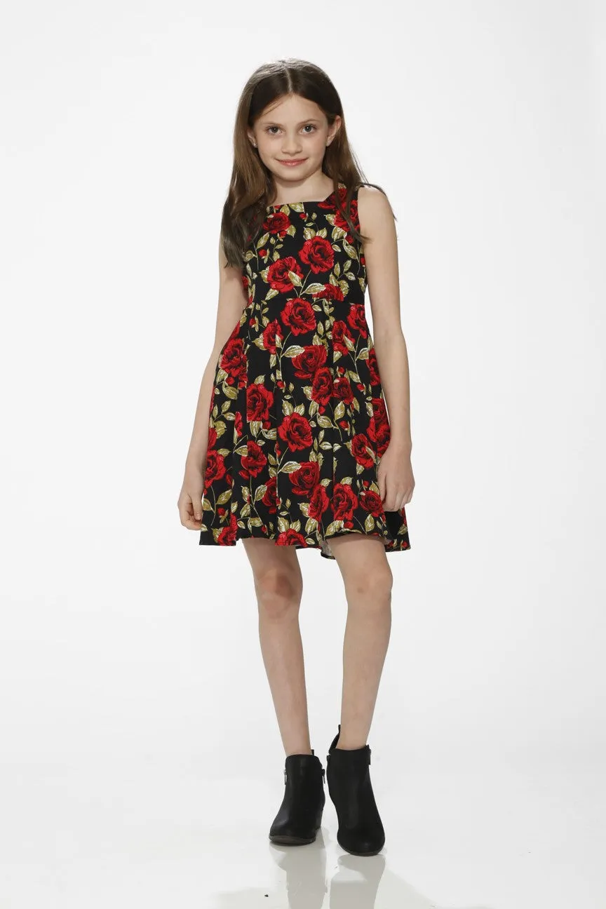 Girl's Black Red Floral Dress