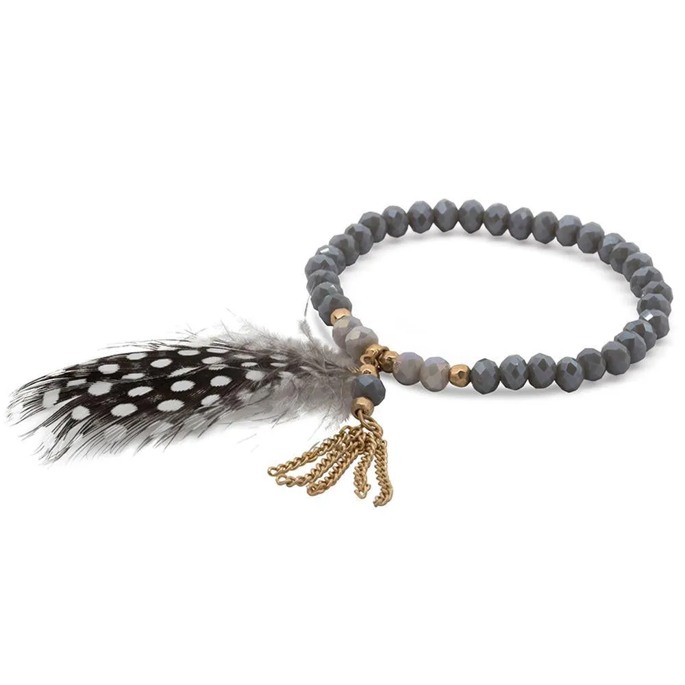 Grey Glass Bead Bracelet Feather Pendant Gold Tone