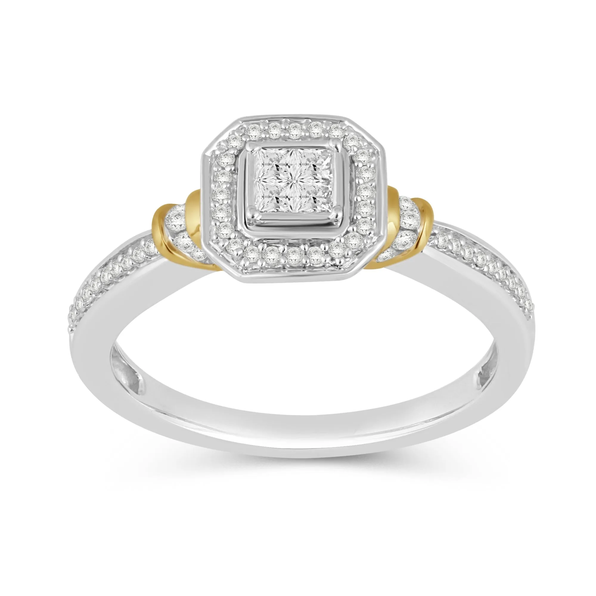 Jewelili 10K White and Yellow Gold With 1/3 CTTW Princess and Round Natural White Diamonds Engagement Ring