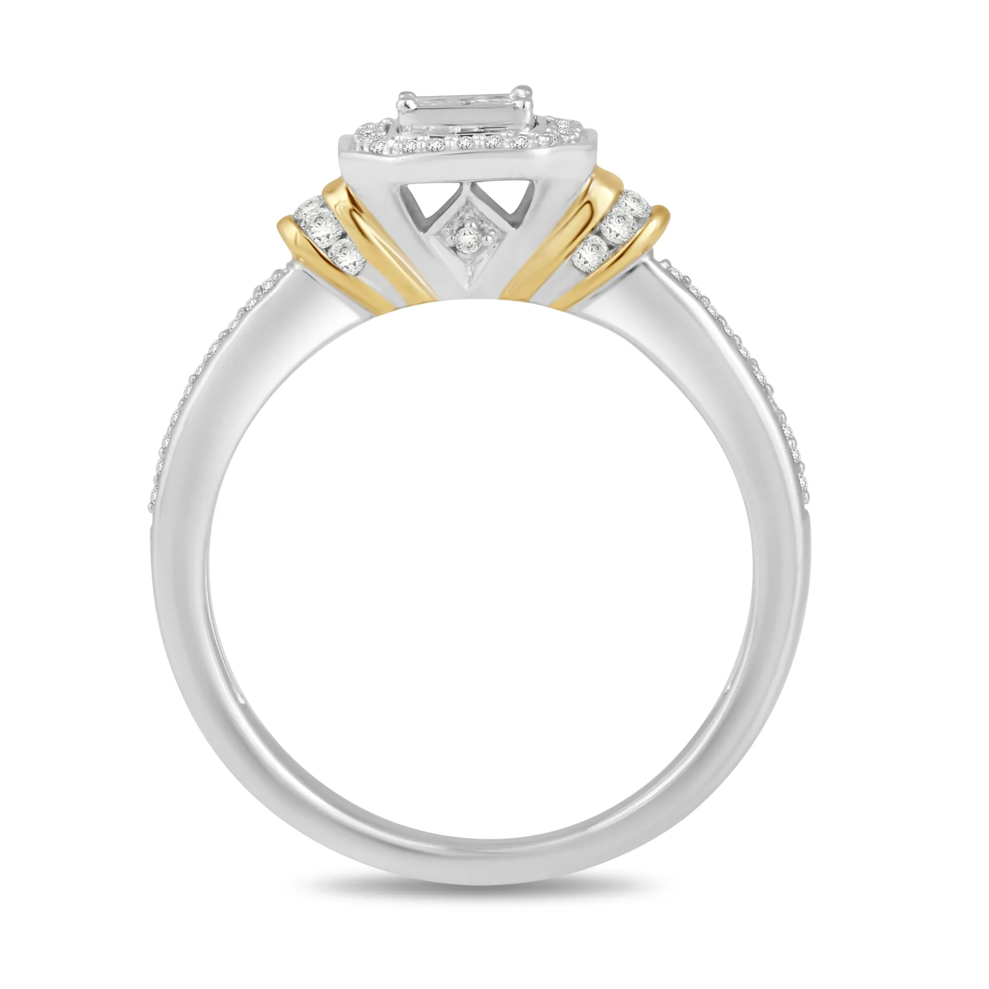 Jewelili 10K White and Yellow Gold With 1/3 CTTW Princess and Round Natural White Diamonds Engagement Ring